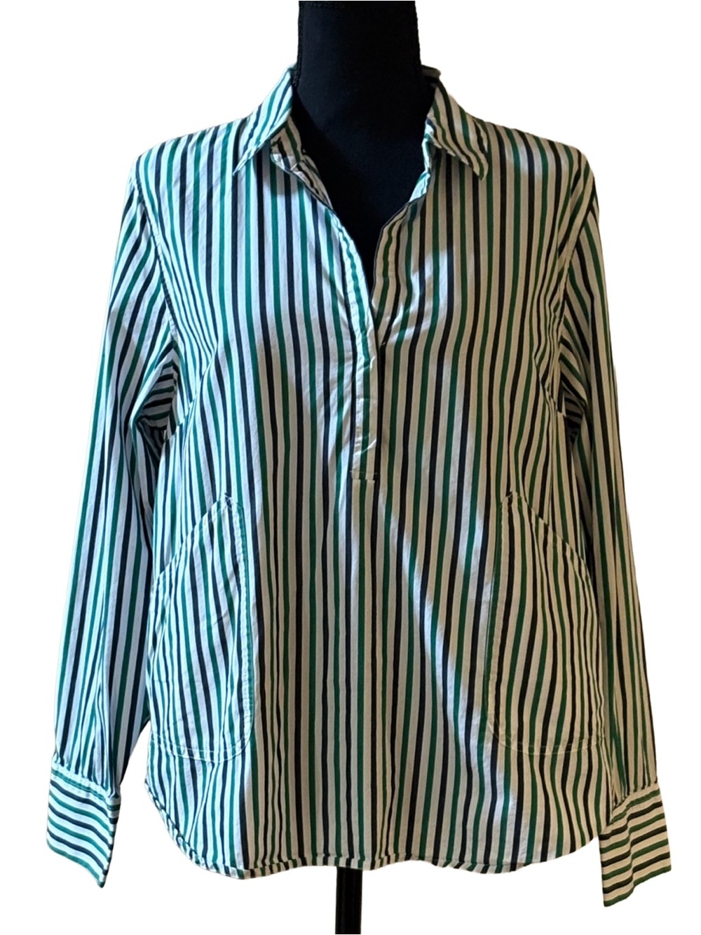 J. Crew Green & Navy Striped Cotton Popover Blouse Medium